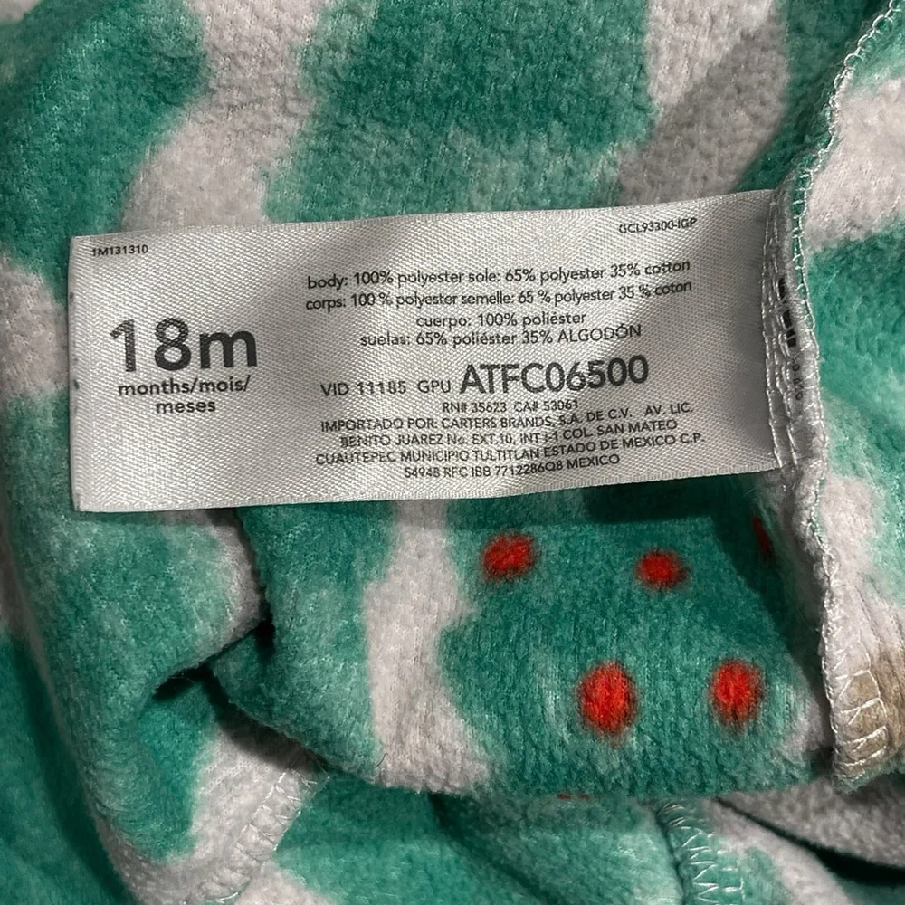 Carter's Christmas Tree Print Fleece One Piece Pajama Zip Footed Green 18 Months